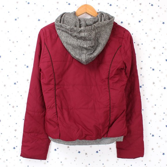 Burgundy Grey Jersey Hooded Padded Jacket - Picture 11 of 11